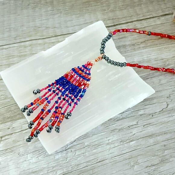 Boho Chic Beaded Fringe Cascade Choker Necklace, Artisan Statement 14.5" - Picture 4 of 7